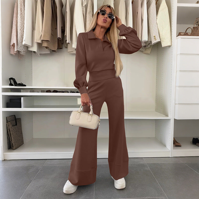 🔥Ofertă limitată - Set pentru femei cu bluză cu rever și pantaloni largi-10