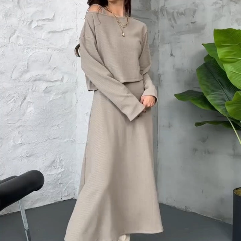 Ținute din tricot din două piese pentru femei Rochie midi fără mâneci și top scurt-3