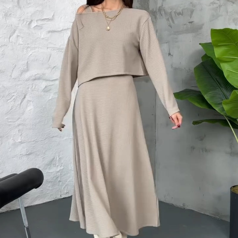 Ținute din tricot din două piese pentru femei Rochie midi fără mâneci și top scurt-2