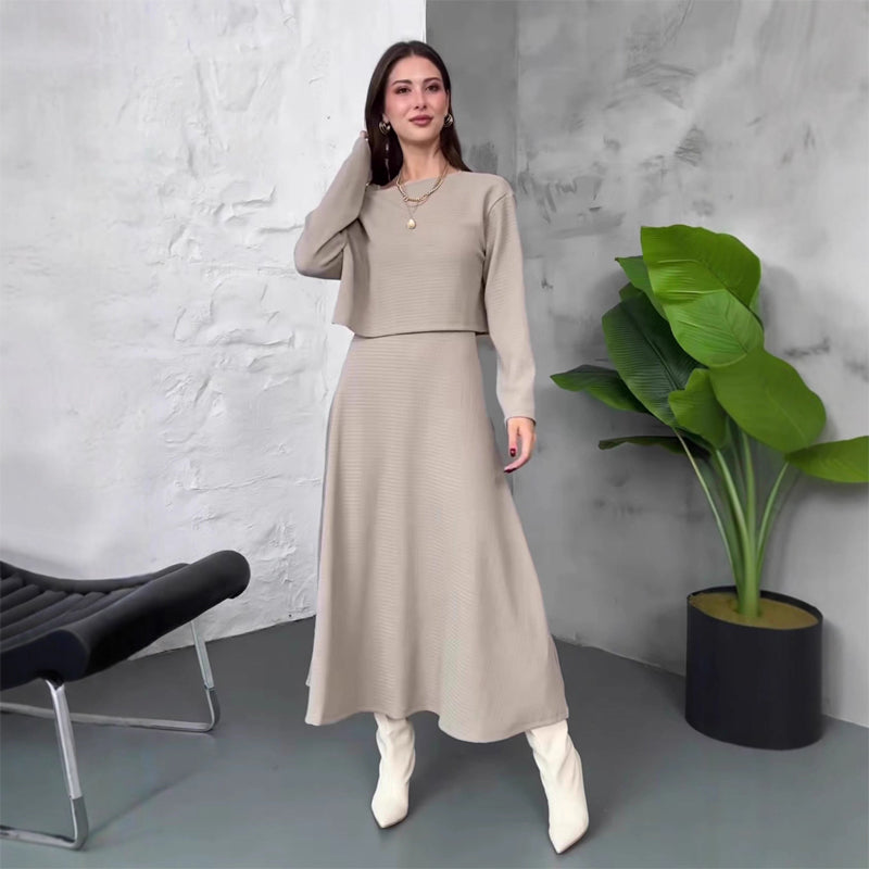 Ținute din tricot din două piese pentru femei Rochie midi fără mâneci și top scurt-11