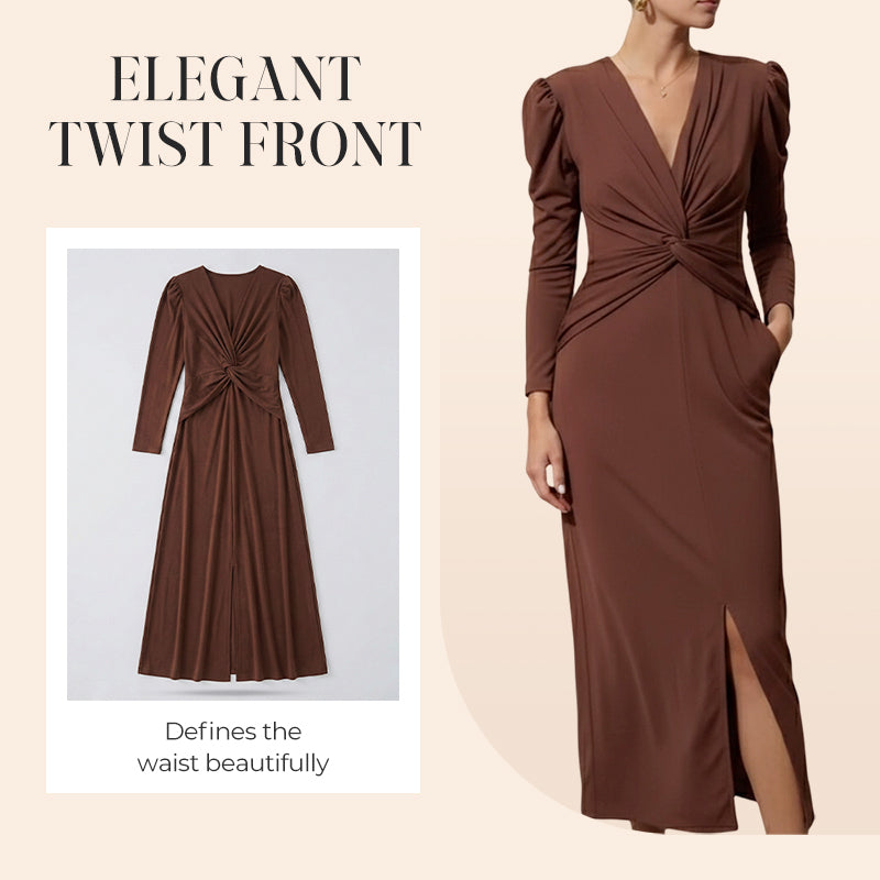 Rochie lungă elegantă pentru femei, cu decolteu în V și față răsucită-3