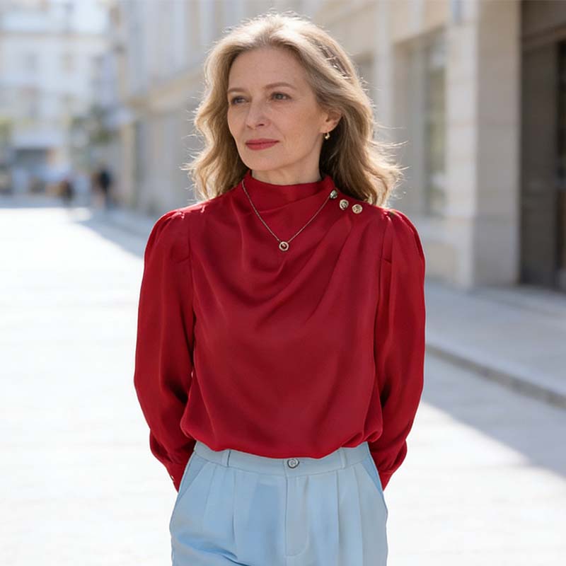 Bluză elegantă cu guler drapat, asemănătoare satinului-2