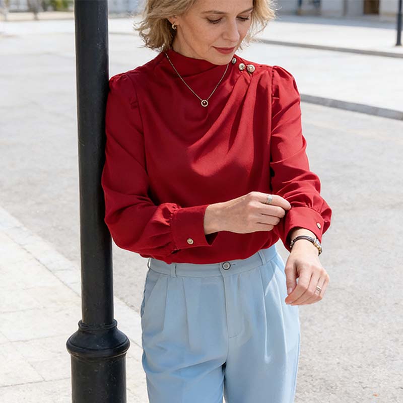 Bluză elegantă cu guler drapat, asemănătoare satinului-3
