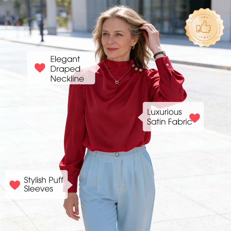 Bluză elegantă cu guler drapat, asemănătoare satinului-5