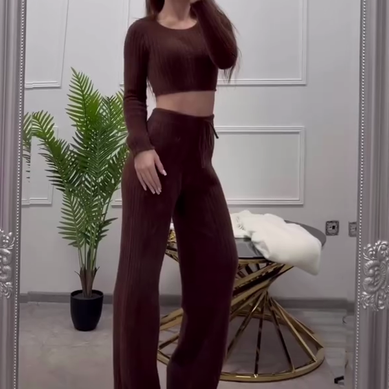 Set casual din 2 piese, pulover și pantaloni cu nervuri-4