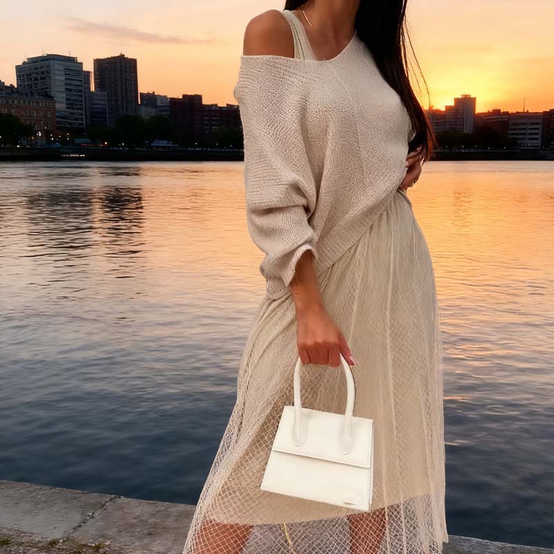 Set elegant format din pulover tricotat și fustă din tul-3