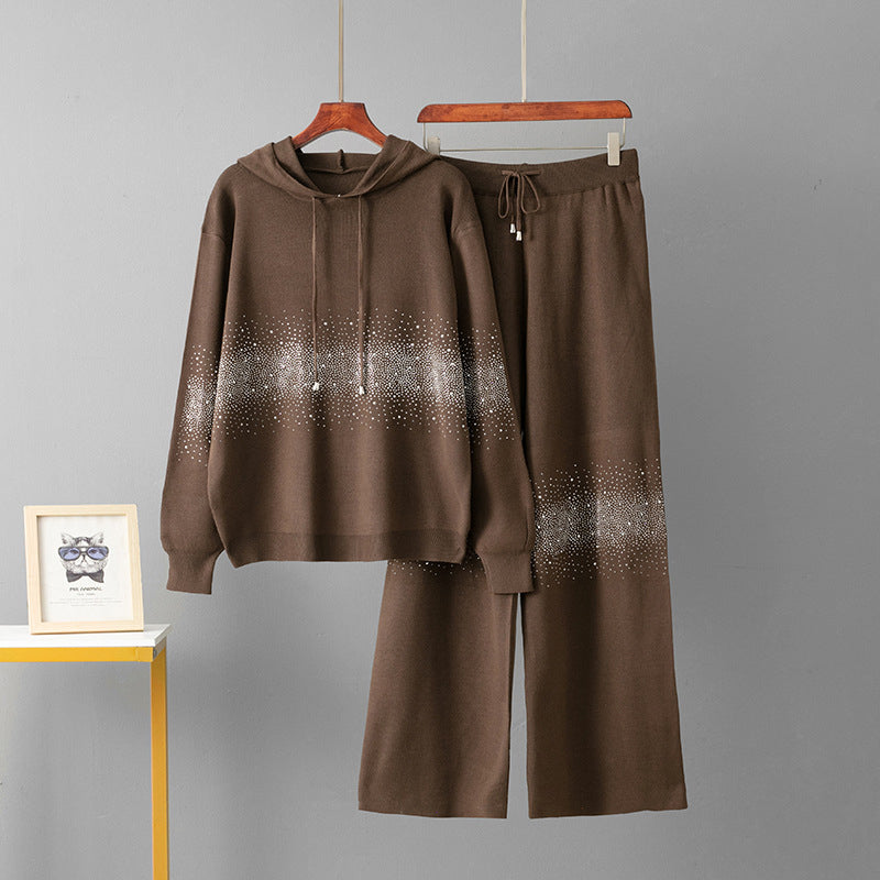 Set pentru femei cu hanorac cu glugă și pantaloni largi, împodobiți cu strasuri-8