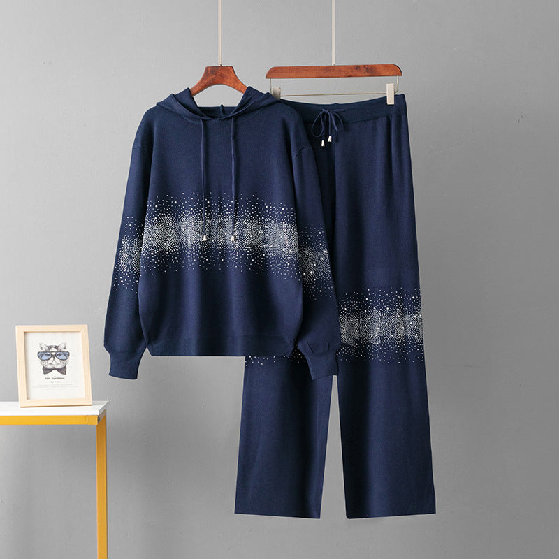 Set pentru femei cu hanorac cu glugă și pantaloni largi, împodobiți cu strasuri-7