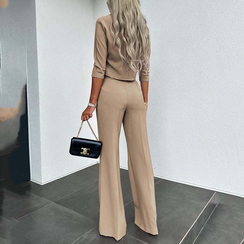 ⏰Set elegant pentru femei, format din top scurt și pantaloni largi-1