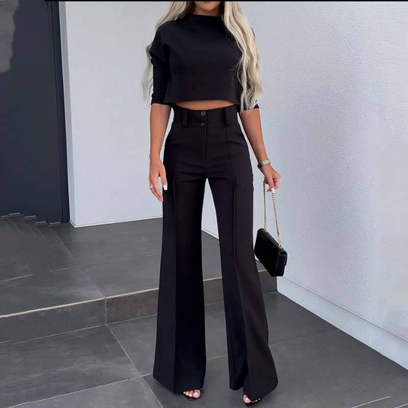 ⏰Set elegant pentru femei, format din top scurt și pantaloni largi-3