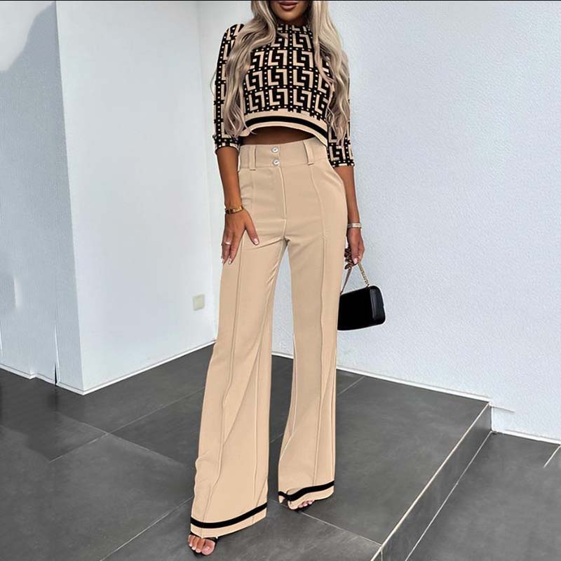 ⏰Set elegant pentru femei, format din top scurt și pantaloni largi-5