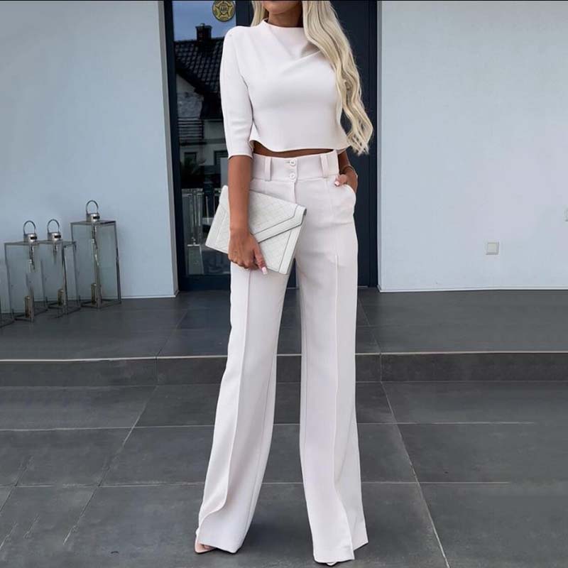 ⏰Set elegant pentru femei, format din top scurt și pantaloni largi-8
