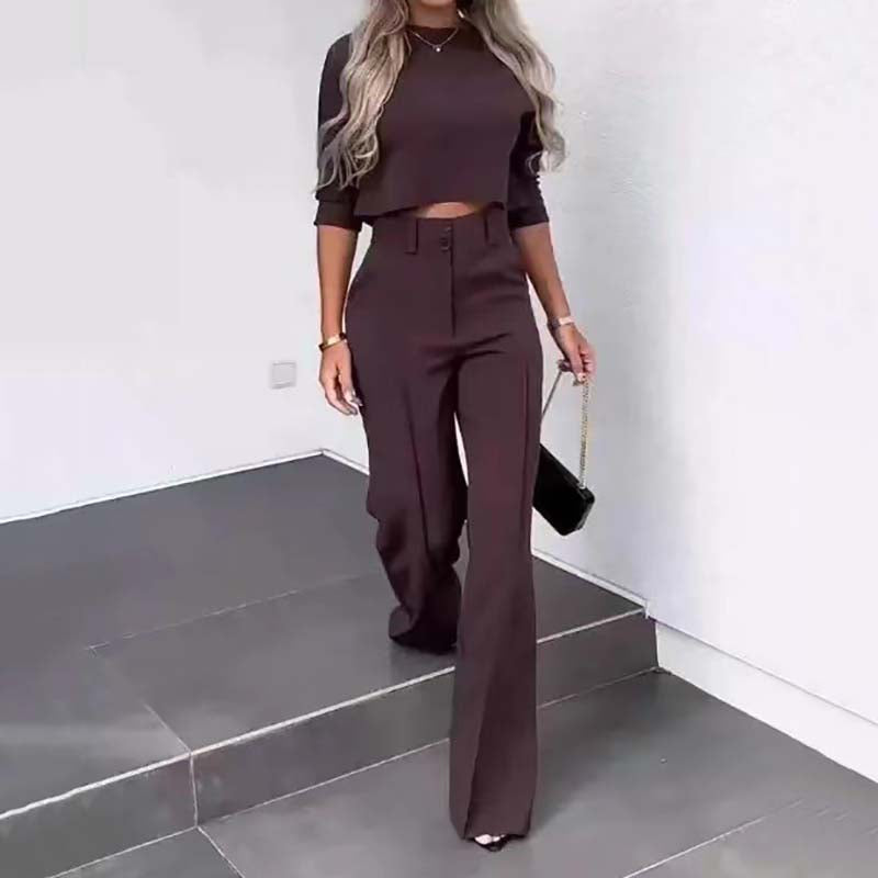 ⏰Set elegant pentru femei, format din top scurt și pantaloni largi-12