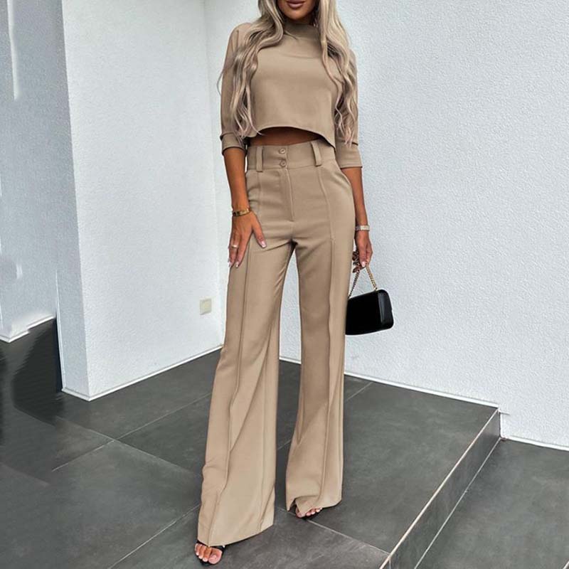 ⏰Set elegant pentru femei, format din top scurt și pantaloni largi-10