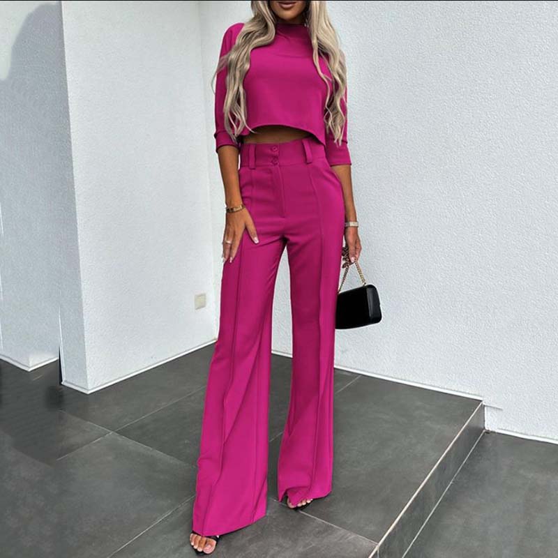 ⏰Set elegant pentru femei, format din top scurt și pantaloni largi-11