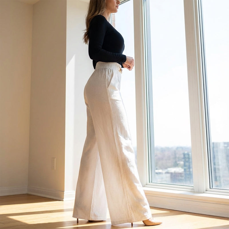 Pantaloni cu talie înaltă și picior larg pentru femei, cu accent pe centură-1