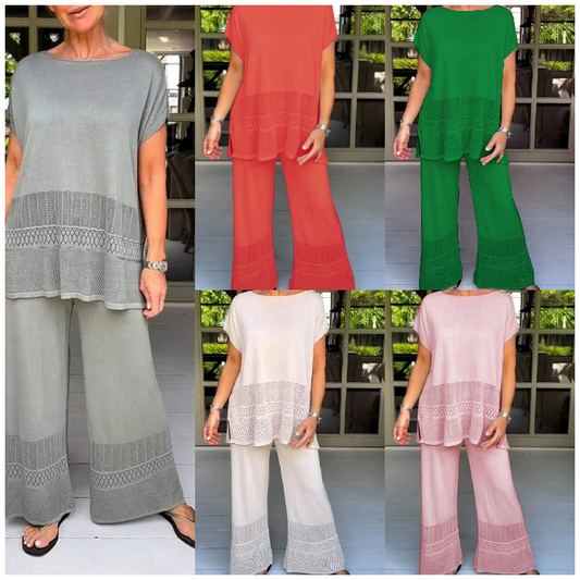 Set pentru femei, două piese, cu mâneci scurte, în culori uni: bluză și pantaloni