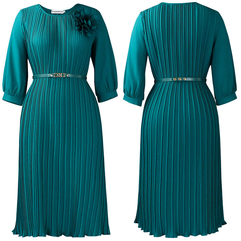Rochie midi plisată cu mâneci 3/4 și curea pentru femei-1