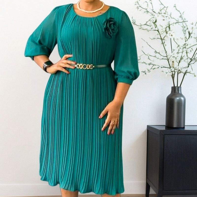 Rochie midi plisată cu mâneci 3/4 și curea pentru femei-7