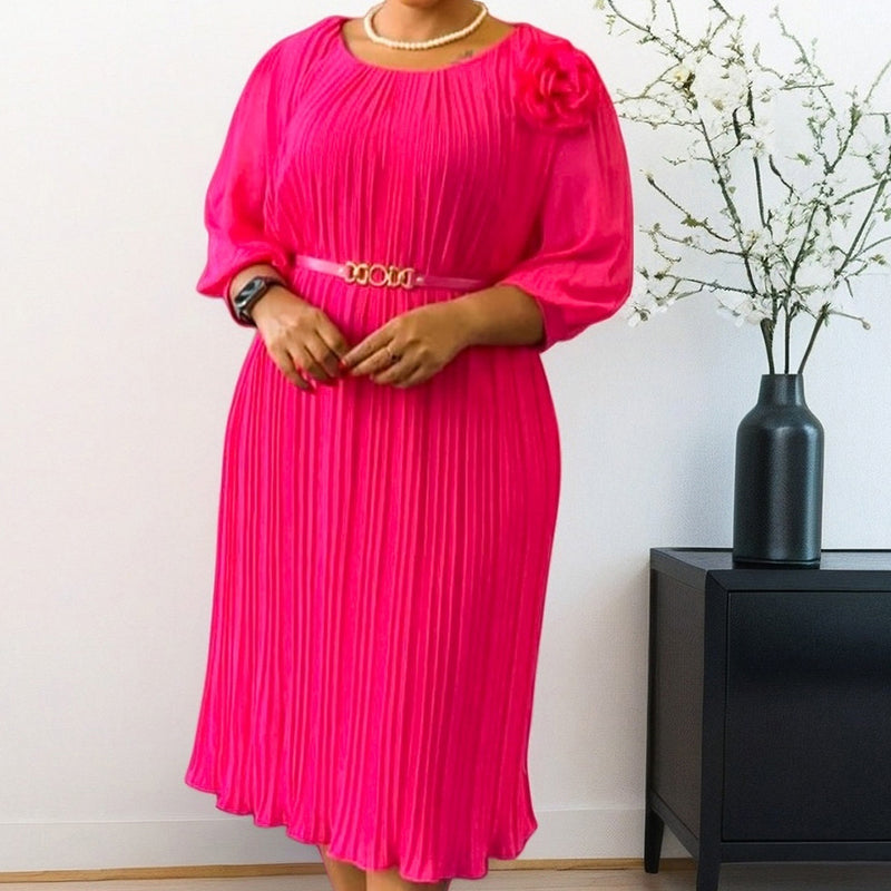 Rochie midi plisată cu mâneci 3/4 și curea pentru femei-9