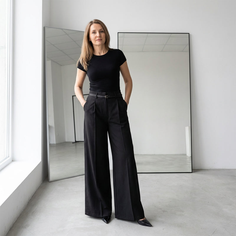 Damen Marlenehose mit hohem Bund, weitem Bein und Gürtel-4