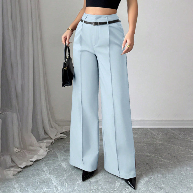 Damen Marlenehose mit hohem Bund, weitem Bein und Gürtel-9