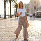 ⏳Ofertă limitată 50% REDUCERE!🎁Pantaloni largi cu dungi în carouri, talie înaltă și buzunare-9