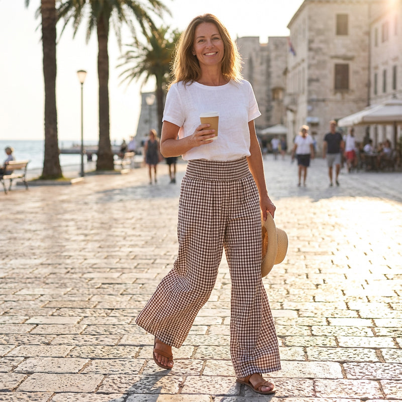⏳Ofertă limitată 50% REDUCERE!🎁Pantaloni largi cu dungi în carouri, talie înaltă și buzunare-9