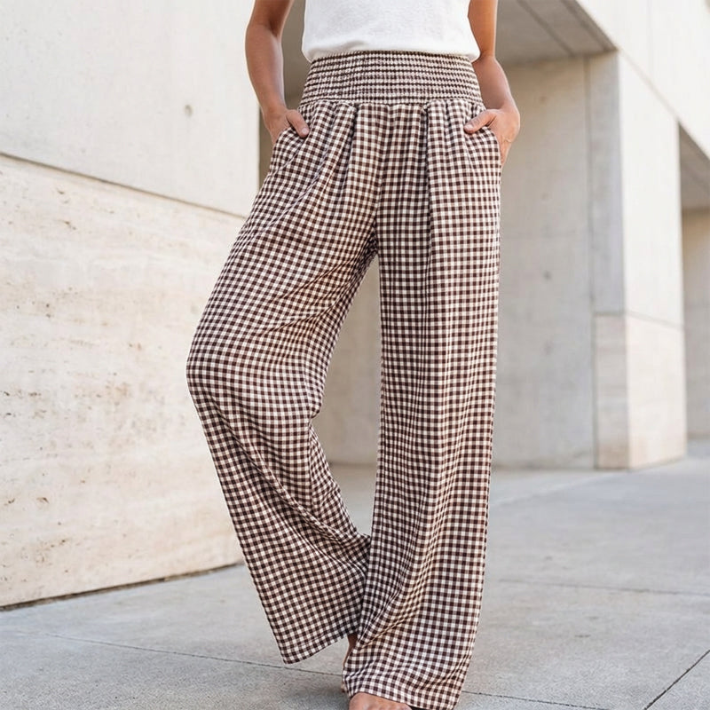 ⏳Ofertă limitată 50% REDUCERE!🎁Pantaloni largi cu dungi în carouri, talie înaltă și buzunare-8