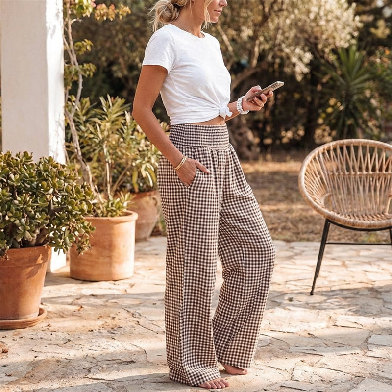 ⏳Ofertă limitată 50% REDUCERE!🎁Pantaloni largi cu dungi în carouri, talie înaltă și buzunare-11