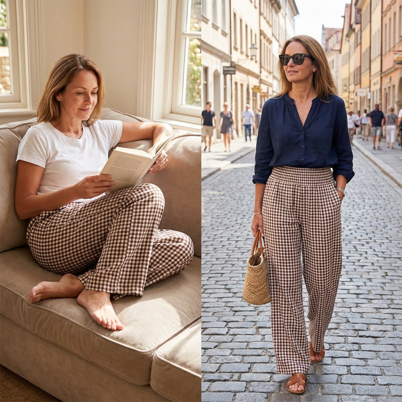 ⏳Ofertă limitată 50% REDUCERE!🎁Pantaloni largi cu dungi în carouri, talie înaltă și buzunare-12