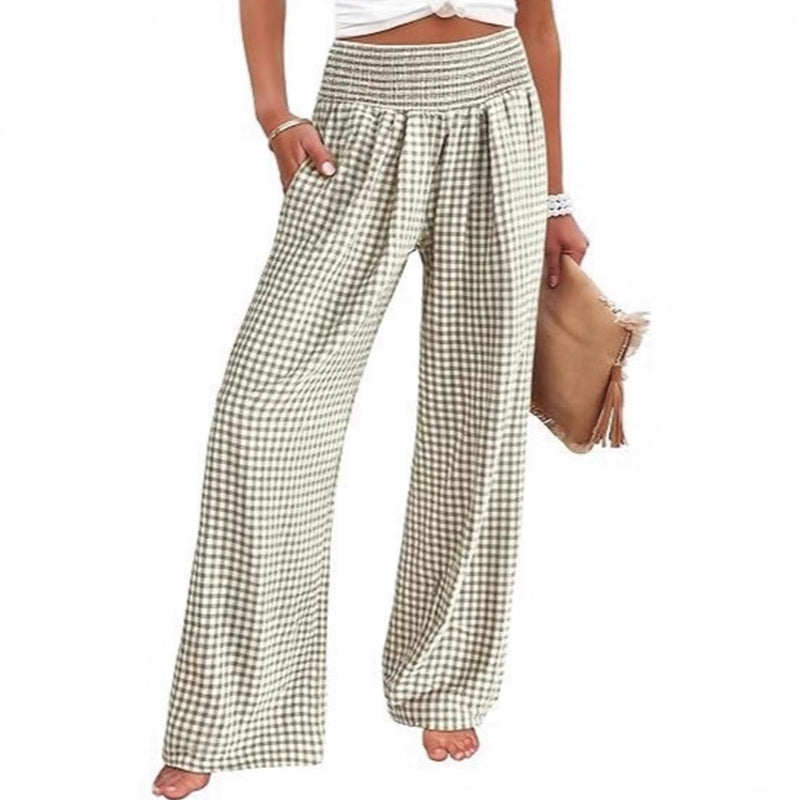 ⏳Ofertă limitată 50% REDUCERE!🎁Pantaloni largi cu dungi în carouri, talie înaltă și buzunare-18