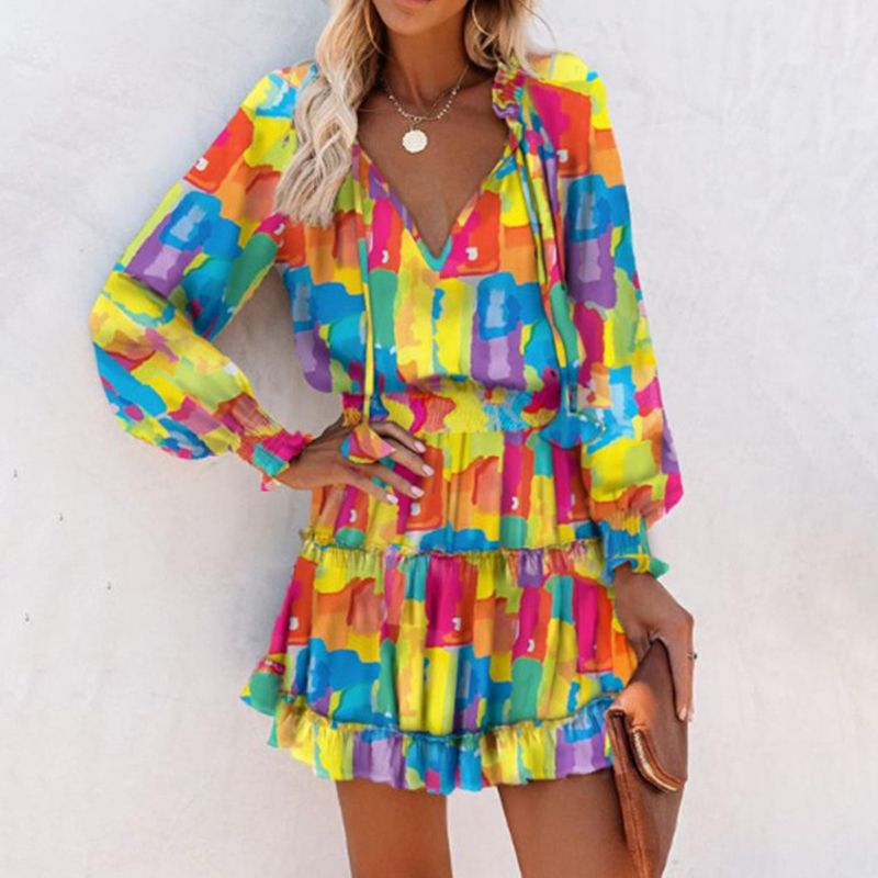 Rochie mini cu decolteu în V, mâneci lungi și volane la tiv, pentru femei-2