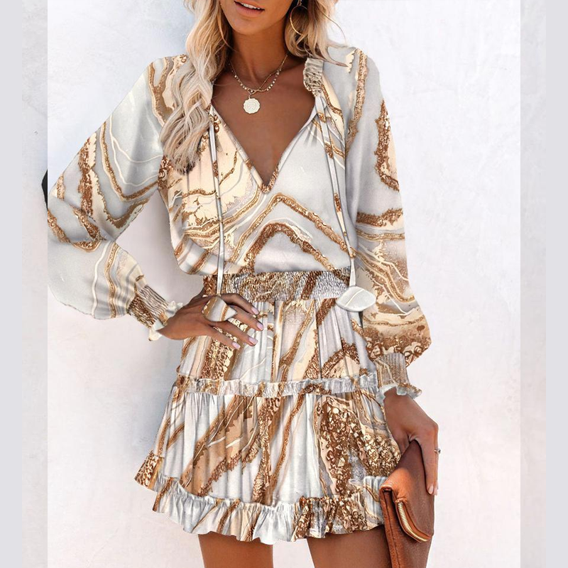 Rochie mini cu decolteu în V, mâneci lungi și volane la tiv, pentru femei-3