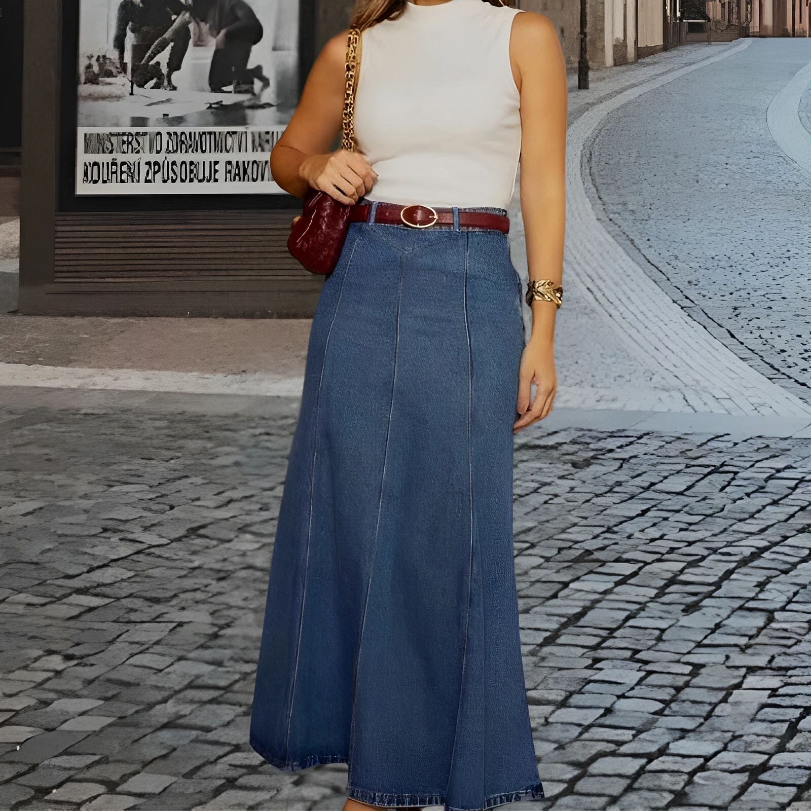 🔥💥Fustă lungă din denim, cu talie înaltă și croi în A, pentru femei🌠️-3