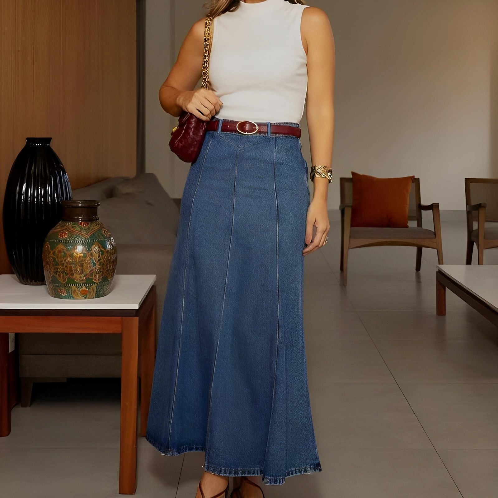 🔥💥Fustă lungă din denim, cu talie înaltă și croi în A, pentru femei🌠️-5