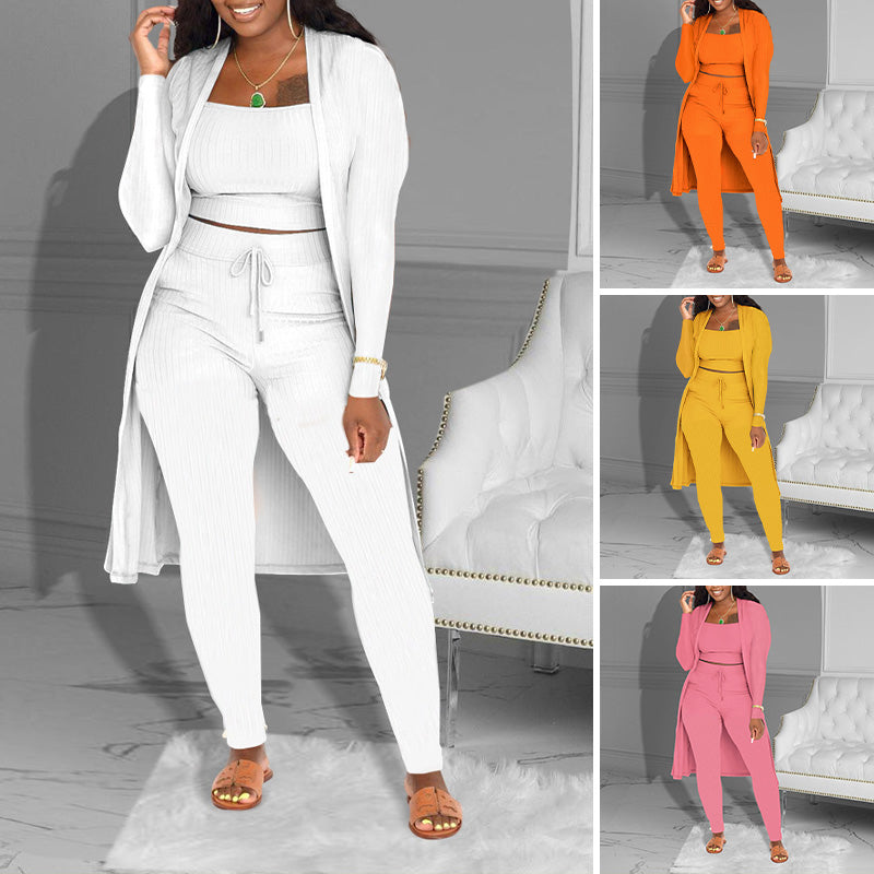 Set casual din 3 piese tricotate – top scurt, cardigan și pantaloni