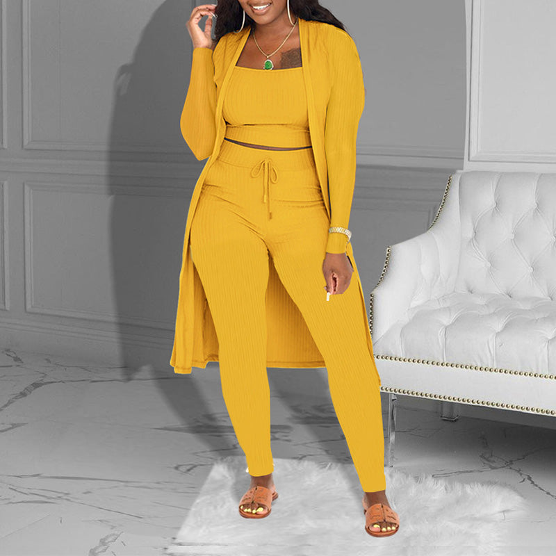 Set casual din 3 piese tricotate – top scurt, cardigan și pantaloni-2
