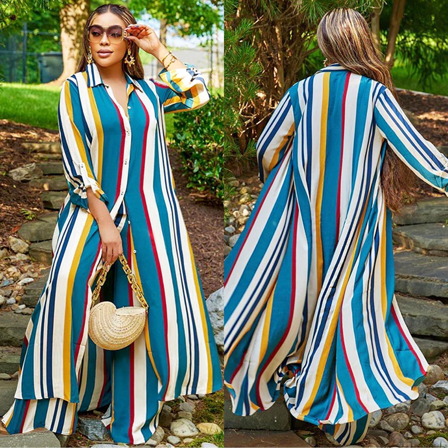 Set din două piese pentru femei: salopetă cu mâneci lungi în dungi + pantaloni-5