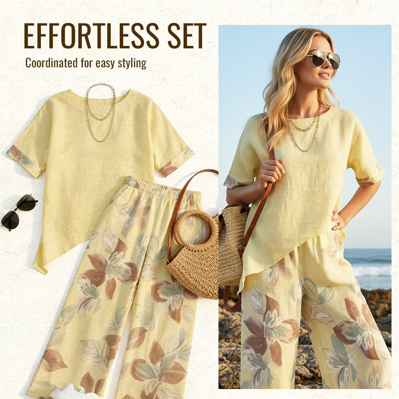 Set din 2 piese pentru femei: top asimetric și pantaloni cu imprimeu floral-2