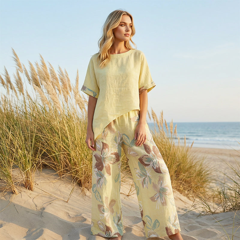 Set din 2 piese pentru femei: top asimetric și pantaloni cu imprimeu floral-4