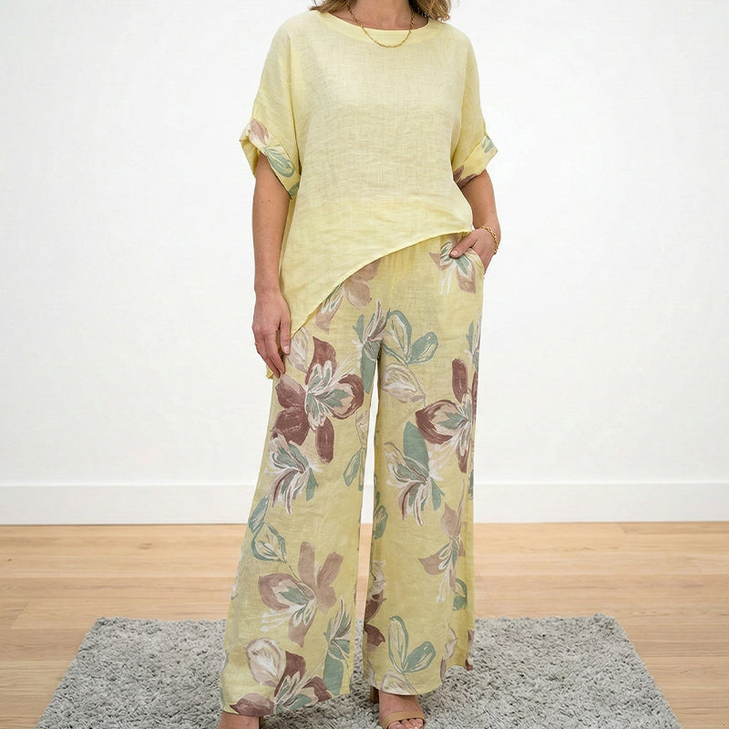 Set din 2 piese pentru femei: top asimetric și pantaloni cu imprimeu floral-9