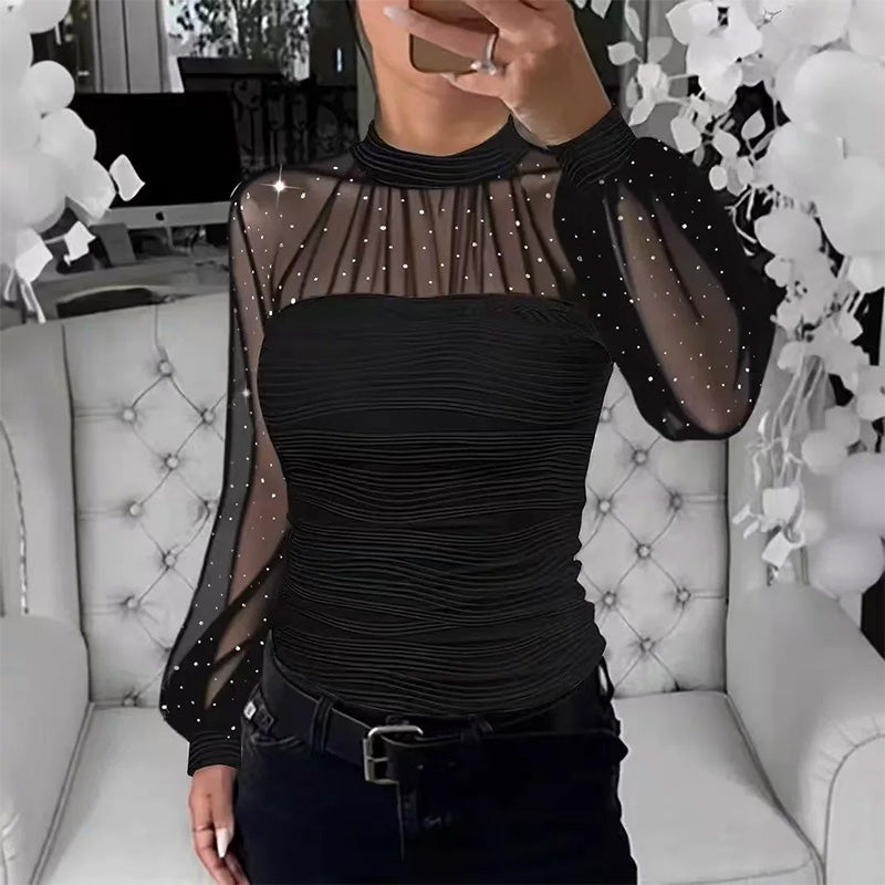 💕 Bluză transparentă cu mâneci lanternă, decorată cu perle artificiale-2