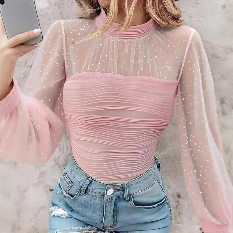 💕 Bluză transparentă cu mâneci lanternă, decorată cu perle artificiale-6