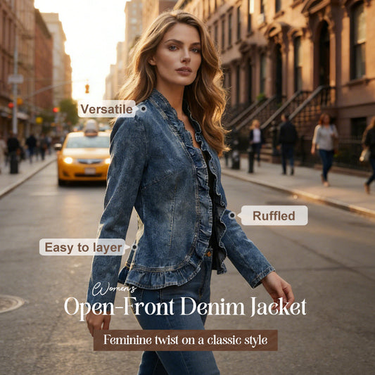 🎁Noutăți cu 50% reducere💥Jachetă din denim pentru femei, cu volane și deschidere în față