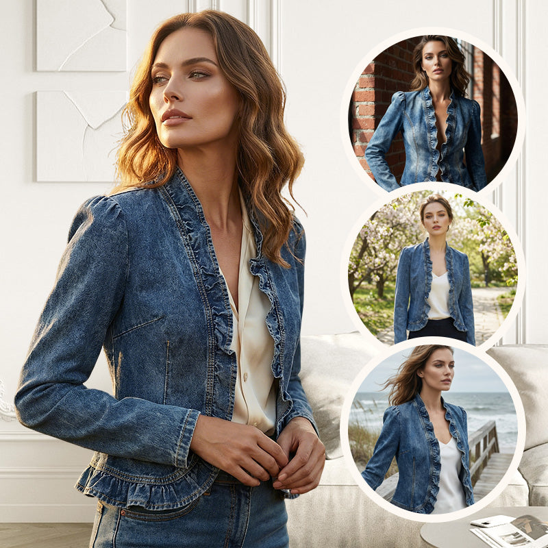 🎁Noutăți cu 50% reducere💥Jachetă din denim pentru femei, cu volane și deschidere în față-2