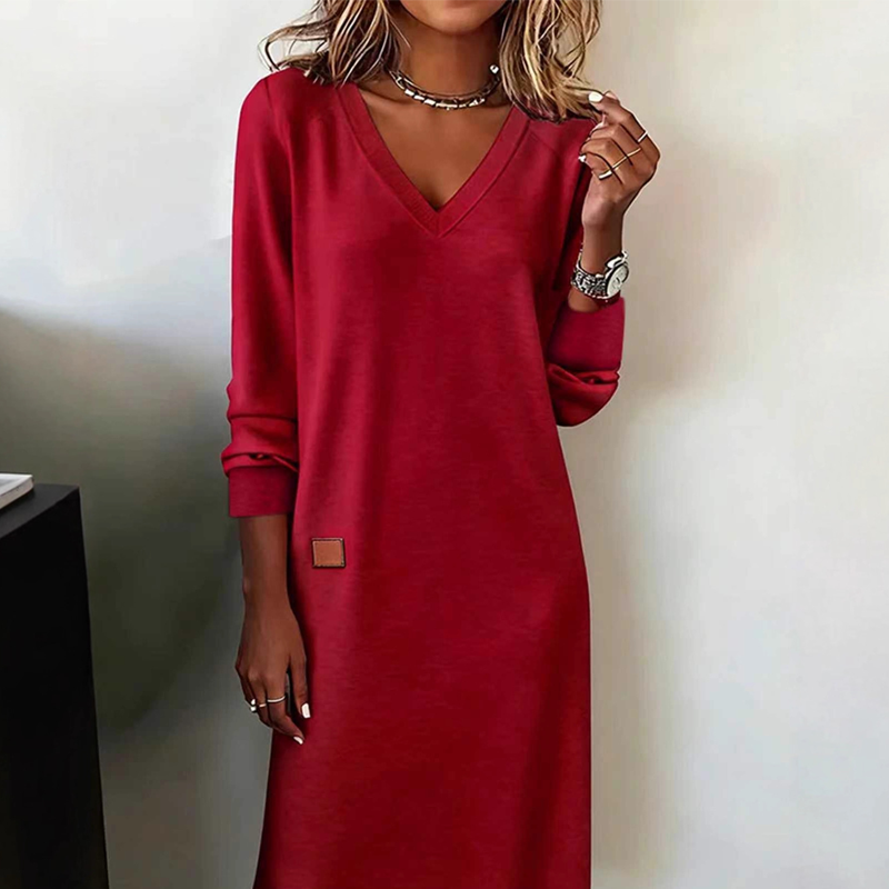🔥Cele mai vândute articole ale sezonului: 60% reducere pentru o perioadă limitată💥👗Rochie lejeră pentru femei, cu decolteu în V, mâneci lungi și tiv până la genunchi-4