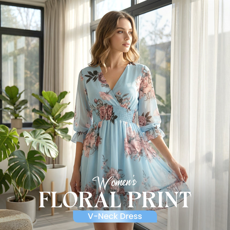 🌸Rochie cu imprimeu floral și decolteu în V pentru femei✨Strălucește toată vara
