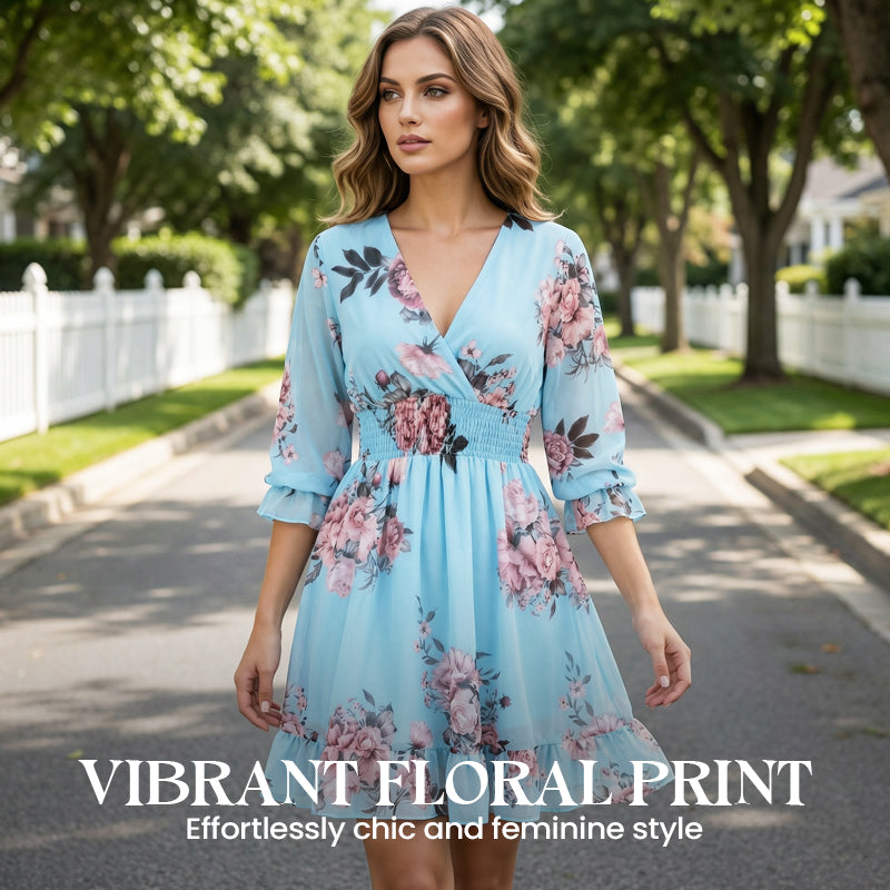 🌸Rochie cu imprimeu floral și decolteu în V pentru femei✨Strălucește toată vara-1