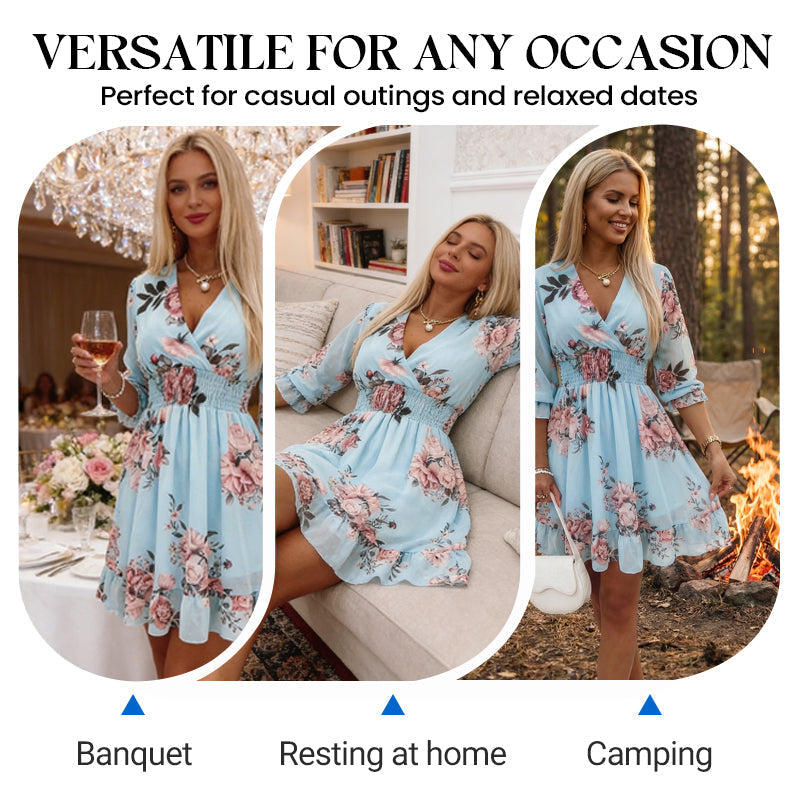 🌸Rochie cu imprimeu floral și decolteu în V pentru femei✨Strălucește toată vara-5